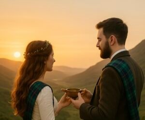 Couple in the Scottish highlands with a traditional quaich, which is a Scottish loving cup