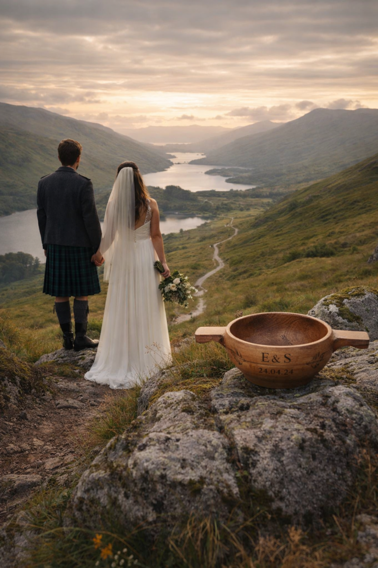 newlywed couple looking to the future