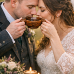 couple sharing a wooden quaich