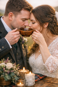 couple sharing a wooden quaich